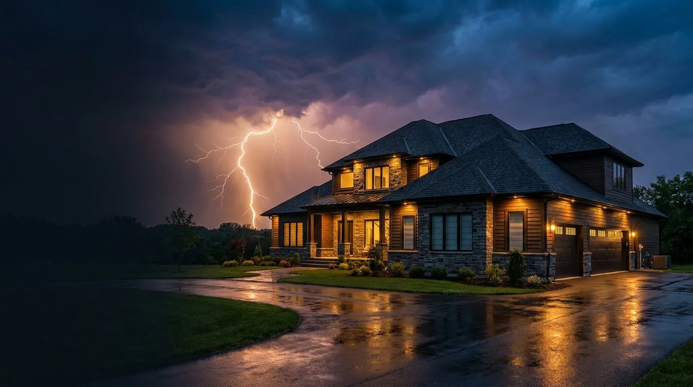New roof on a New Jersey home under a dramatic lightning storm by Lightning Construction